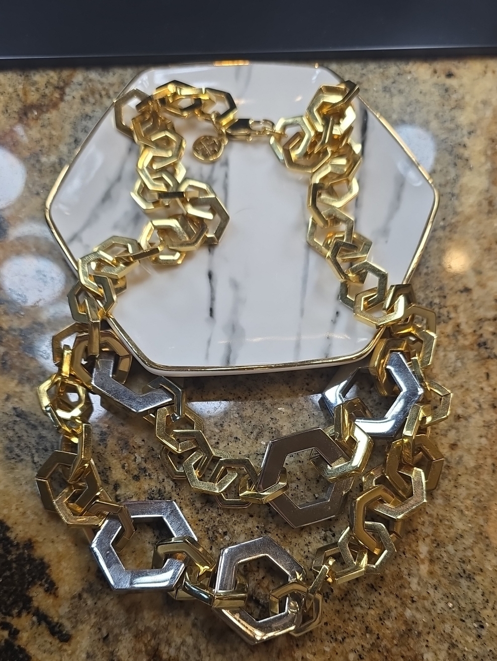 Tory Burch Two-Tone Gold and Silver Hex Link Necklace
